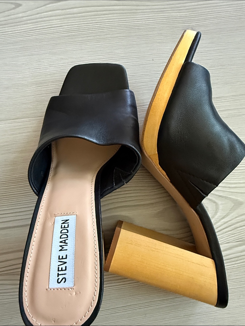 Steve Madden Black Leather Wooden Block Heel Mules